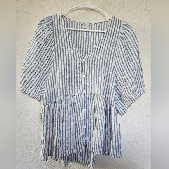 Linen Blend V-Neck Top Size Medium Blue and White - Picture 5 of 5